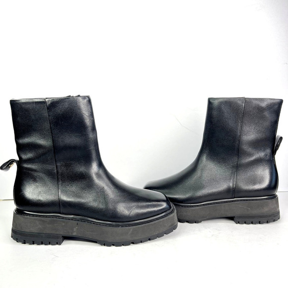 Larroude Hailey Faux Fur Lined Platform Bootie Ankle Boot Black Leather Square - Picture 5 of 10